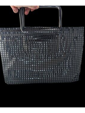 Vintage 1960s Lumured Black Mod Handbag With Detachable Strap & Structured Handl